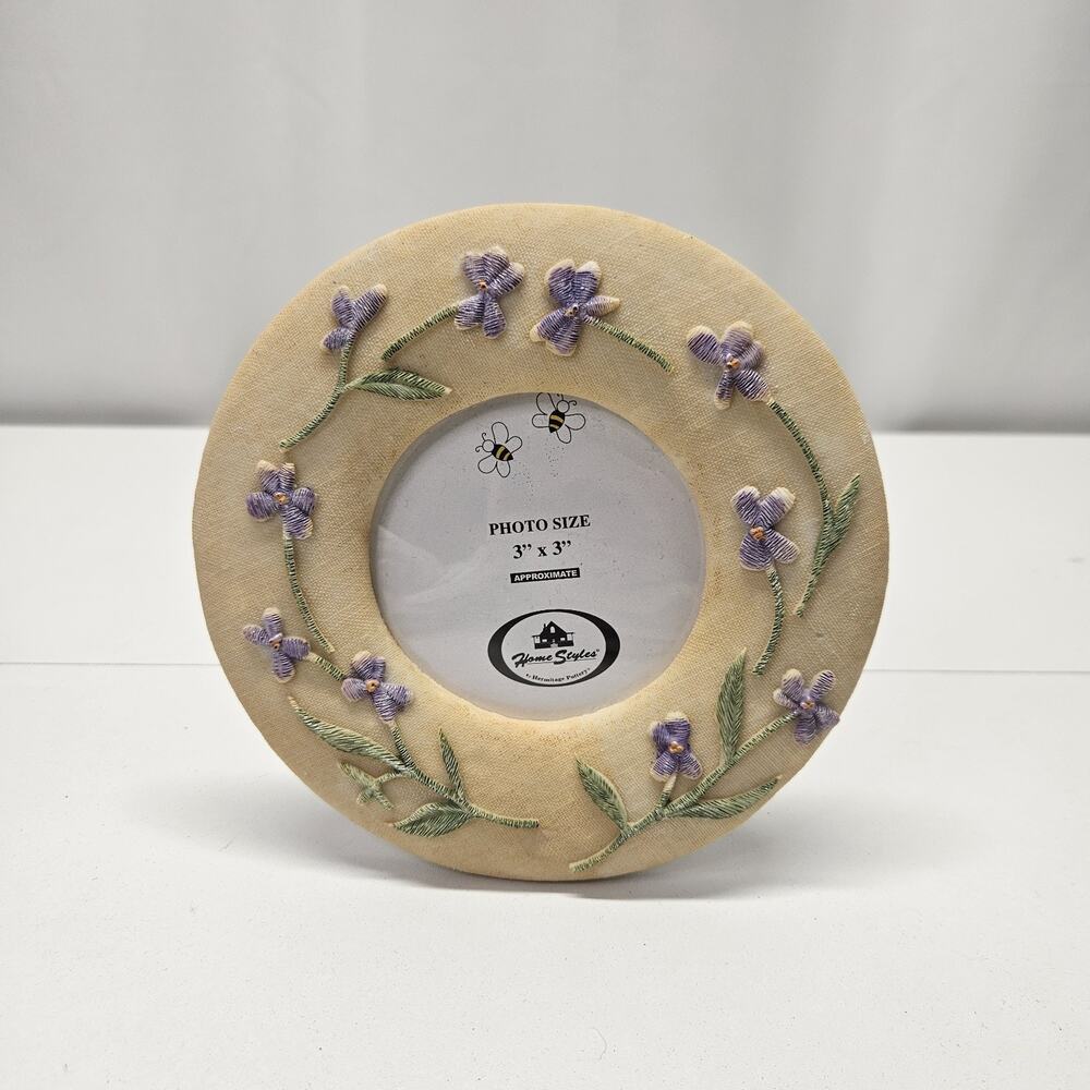 Vtg Home Styles Photo Frame Round Ceramic Standing Purple Violets 3" x 3" Photo